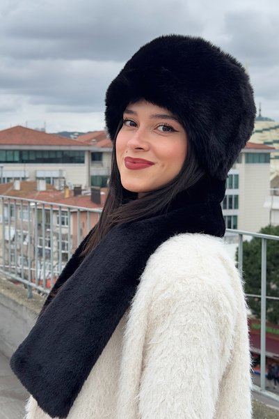 Mollycrush Women's Winter Plush Russian Style Heart Scarf - Black Faux Fur Set of 2