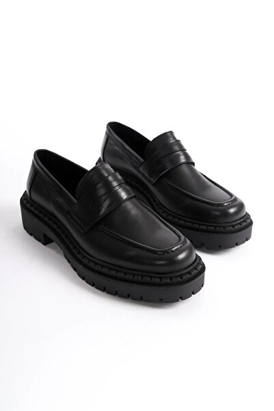 GRADA Siyah Hakiki Deri Küt Burun Kadın Oxford Loafer Ayakkabı Küt Burunlu Gerçek Deri Mokasen