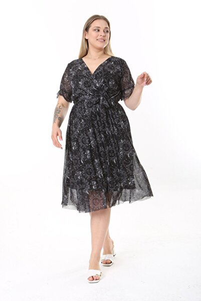 modayız Double Breasted Collar Large Size Patterned Short Sleeve Dress 27C-2533