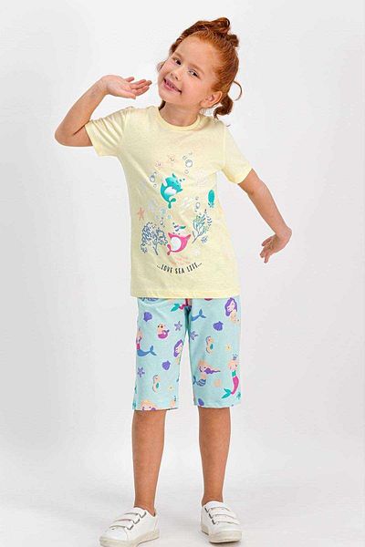 ROLY POLY Rolypoly Sea Life Light Yellow Crew Neck Girl Capri Suit