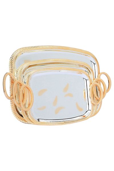 Alsaif Gallery Al Saif Gallery Stainless Steel Rectangular Serving Trays Set, 3 Pieces, Gold Engraving - Silver