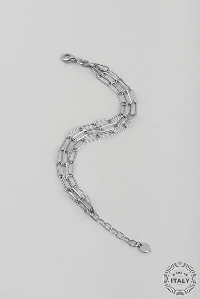 So CHIC... İtalyan 18 Ayar Beyaz Altın Kaplama 19 Cm Gümüş Üçlü Zincir Bileklik