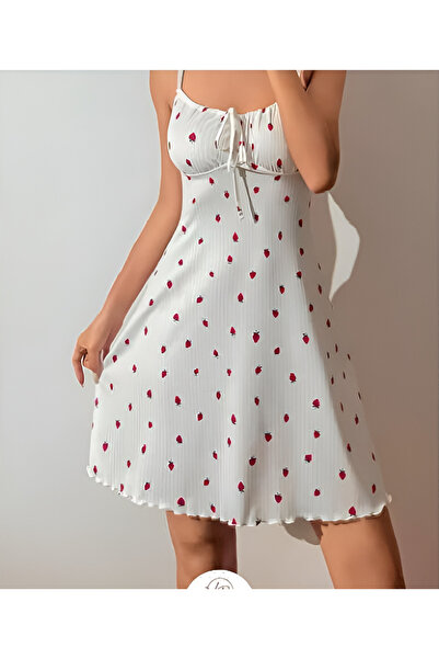 Wild Wake Penye Kumaş Askılı Çilek Baskılı Gecelik