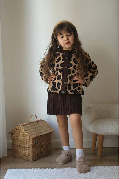 PaytoKids Leopard Patterned Cardigan Brown Skirted Girl's Knitwear Set