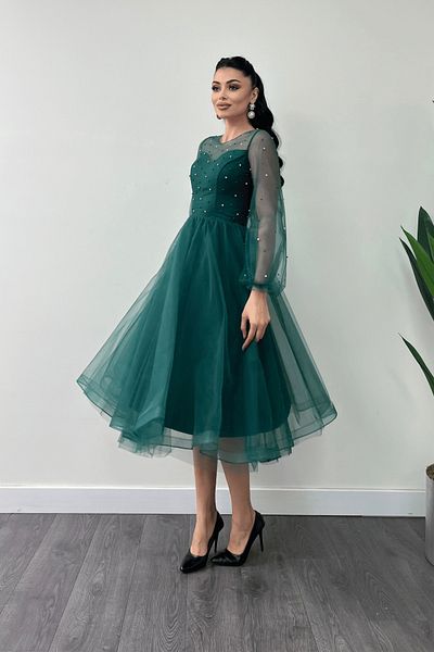 giyimmasalı Organza Fabric Pearl Λεπτομερές Midi Φόρεμα - EMERALD GREEN