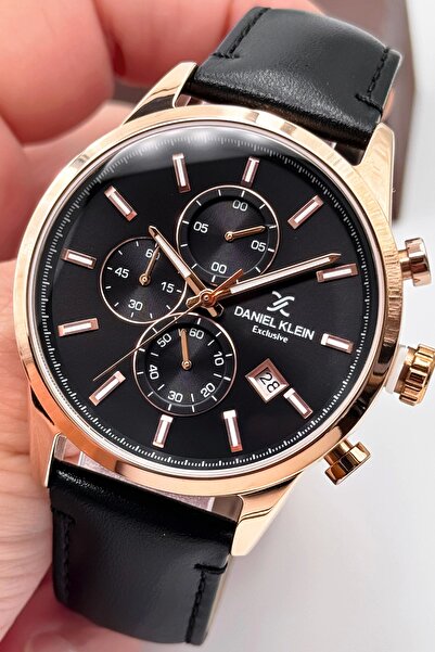 Daniel Klein Exclusive Siyah Deri Kordon Erkek Kol Saati 3 Atm+Bileklik Hediyeli Siyah-Rose sddk087