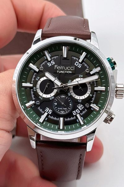 Ferrucci Men's Wristwatch - Brown Leather Cord, 3Atm Bracelet, Gift Sdfer140