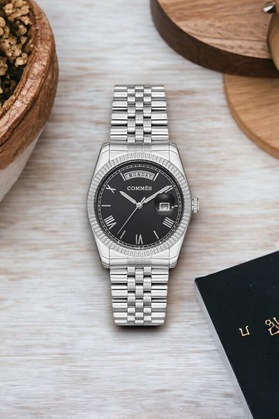 COMMES Double Calendar Silver-Black Steel Band Steel Case Women's Wristwatch Sdcms035