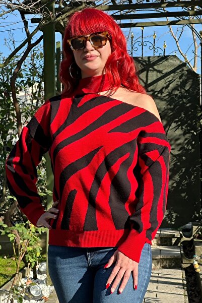 Derya butik Kırmızı Tek Omuz Triko Kazak