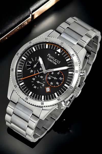Ferrucci Men's Watch - Silver-Black, 3Atm, Fc.13907Tm.01 Sdfer133 - Cut & Function Detailed