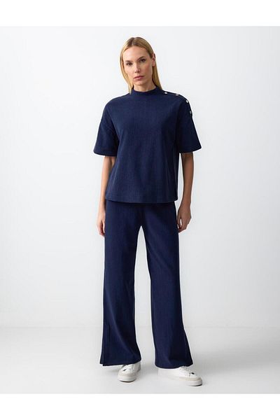 Jimmy Key Navy Blue High Waist Wide Leg Relaxed Fit Long Knitted Trousers