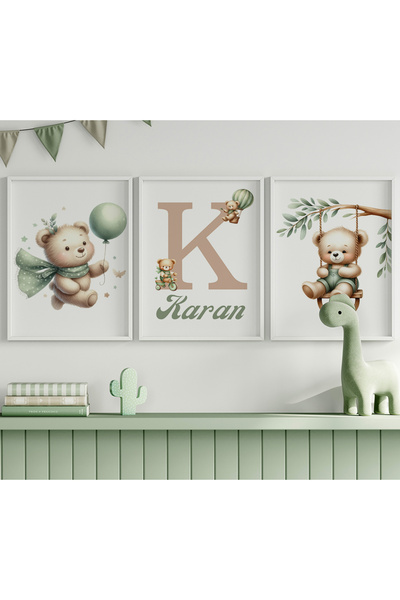 CKA Tasarım Yeşil Ayıcıklı 3'lü İsim Tablo Seti, Çocuk Odası Tablosu, Bebek Odası Tablosu