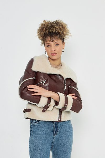 By Marki Marki Women's Crop Fur Jacket - Genuine Leather, 55 Cm, Wide Collar, Double Breasted Closure, Brown