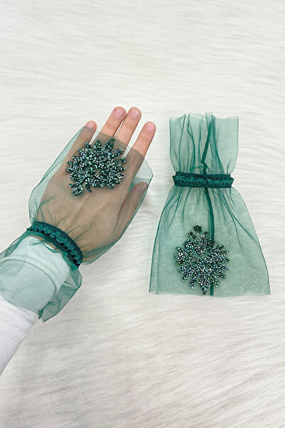 ZEYMERADE Green Crystal Glass Beads Bridal Gloves, Wedding Henna Night Bachel...