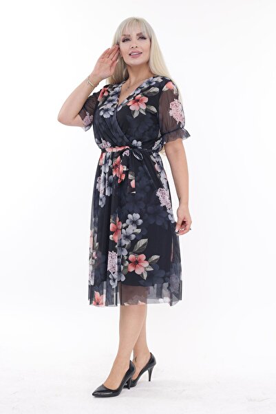 modayız Double Breasted Collar Plus Size Summer Dress 26D-2198