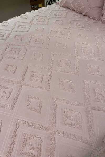 bursa çeyiz İskandinav Pudra Çift Kişilik Püsküllü Yatak Örtüsü 245x255 1 Yastık 50x75