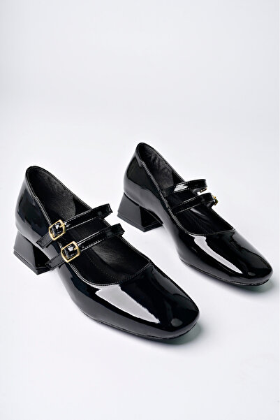 meyra'nın ayakkabıları Women's Black Patent Leather Casual Comfortable Short Heeled Ballerina Shoes with Closed Back Helmet