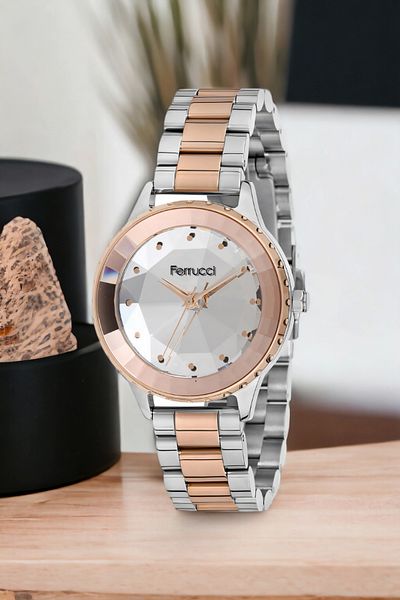 Ferrucci Rose Gold-Silver Steel Band Steel Case Women's Wrist Watch Fc.13603M.04 Zmfer100