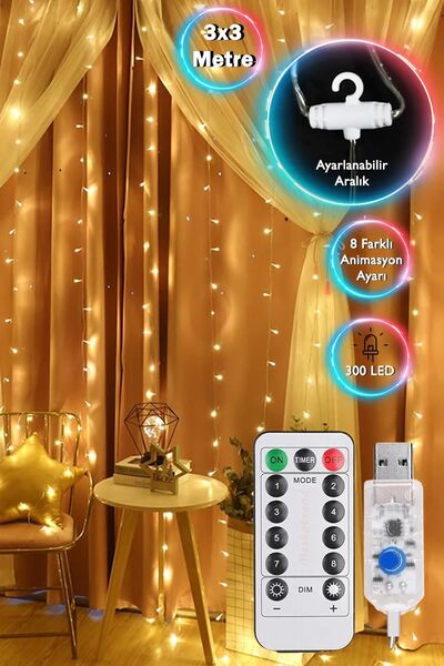 Genel Markalar 3 X 3 *Metre 8 Fonksiyonlu Perde Led 12 Saçaklı 180 Ledli Kabl...