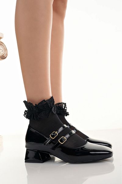 meyra'nın ayakkabıları Women's Black Patent Leather Casual Comfortable Short Heeled Ballerina Shoes with Closed Back Helmet