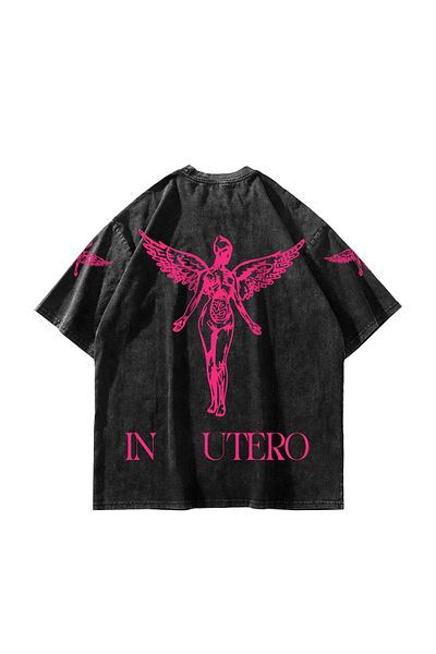 Sekizbiraltı Nirvana In Utero Pink Printed Oversize Unisex Μαύρο Tshirt που πλένεται