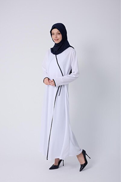Transacoustic Beyaz Kruvaze Yaka Biyeli Esnek Interlok Kumaş Namaz Elbisesi
