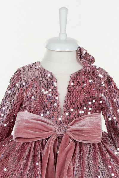 Sare Çocuk Giyim Princess Girls Powder Pink Velvet Sequin Sequin Sparkly Long Sleeve Evening Dress