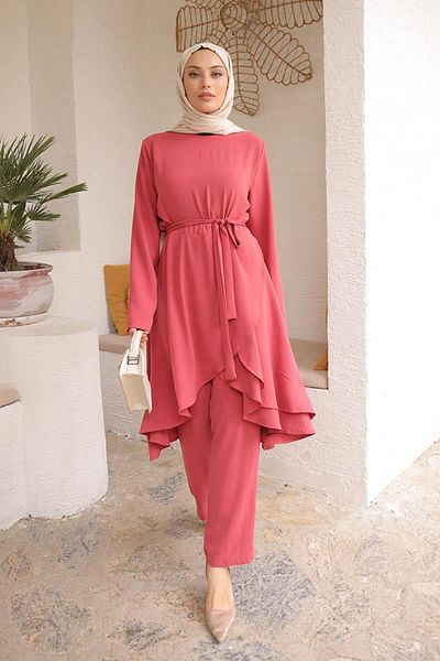 BurcuFashion Ασύμμετρη κοπή Aerobin Hijab Suit Brc1311 Rose