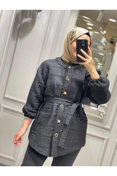 Ghisa 3935 Button Detailed Glitter Guipure Embroidered Jacket - Black