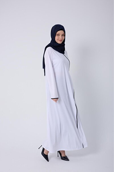 Transacoustic Beyaz Kruvaze Yaka Biyeli Esnek Interlok Kumaş Namaz Elbisesi