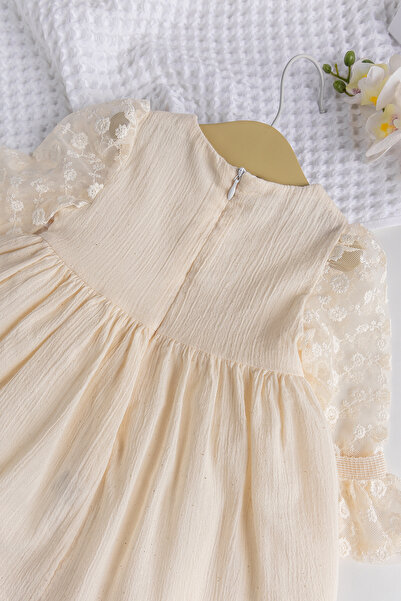 Babymod Dantel Tül Detaylı Dokuma Kumaş Krem Kız Bebek Elbise