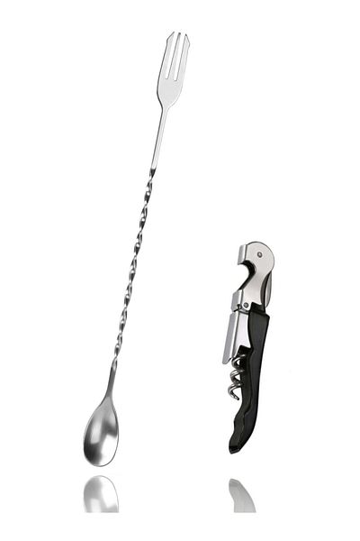 ABOOWE 33 cm Cocktail Stirring Spoon with Twisted Fork - Multifunctional Opener Corkscrew