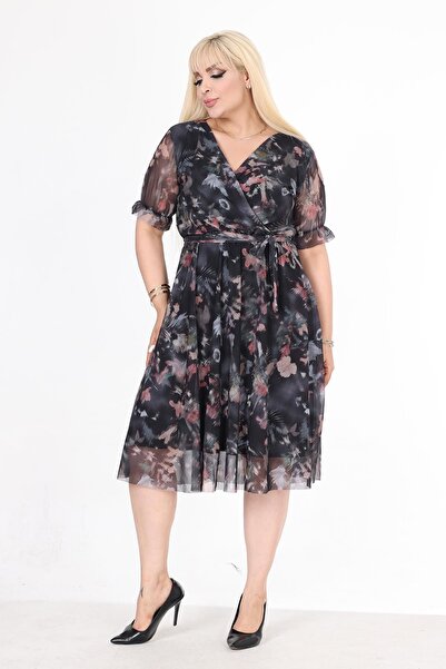 modayız Patterned Plus Size Double Breasted Collar Summer Dress - Short Sleeve 18C-2581