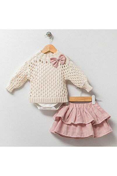 Nipperland Ecru Baby Girl Set - Set of 3 100% Organic Cotton, Bow Mesh, Sweater and Layered Skirt