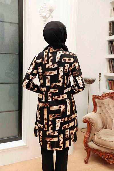 Neva Style - Patterned Black Viscose Hijab Tunic 11542S