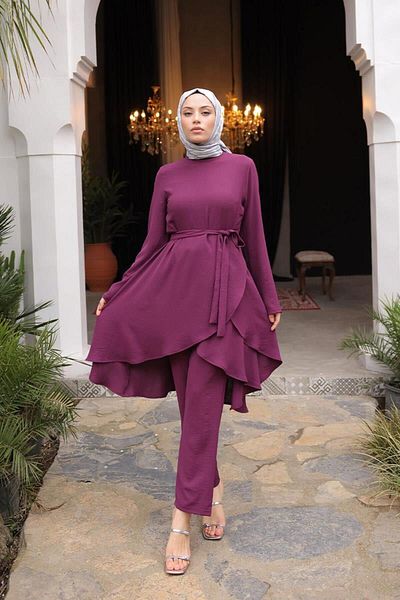 BurcuFashion Asymmetric Cut Aerobin Hijab Suit Brc1311 Plum