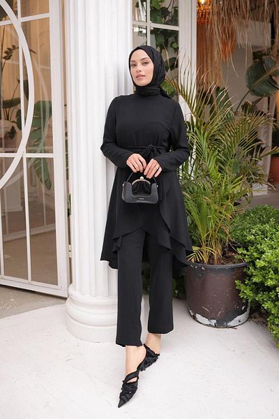 BurcuFashion Ασύμμετρη κοπή Aerobin Hijab Suit Brc1311 Μαύρο