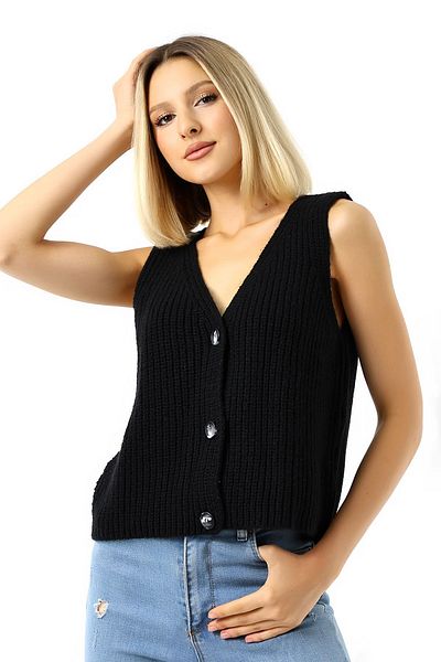 Devinka Black Knitwear Vest - Women with 3 Buttons