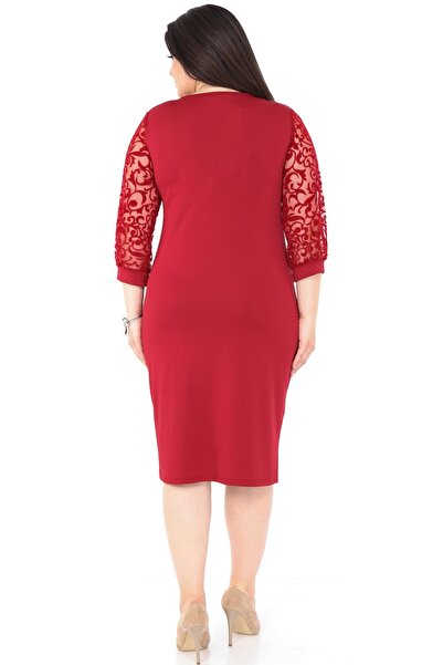 modayız Burgundy Flock Sleeve Plus Size Dress 1E-1039
