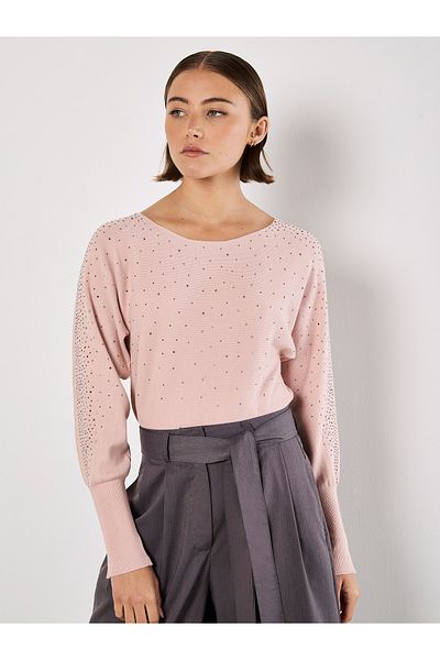 Apricot Gerippter Batwing Pullover mit Nietenausschnitt