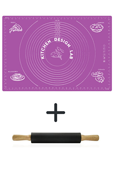 Atlas Mutfak Purple 45X65 cm Silicone Dough Rolling Mat and Black Classic Roller