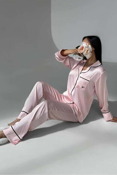 Mine Tan Butik Set pijama cu detaliu cămașă pentru femei V-Pipe - roz