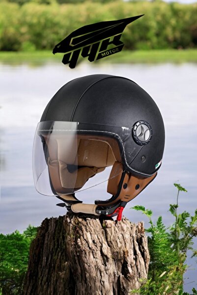 yyk SW Siyah Deri & Kahve Yarım Açık Kask