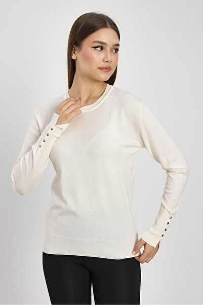 Rays Pulover de culoare ecru model 2455 - Detaliu cu fanta pe maneca