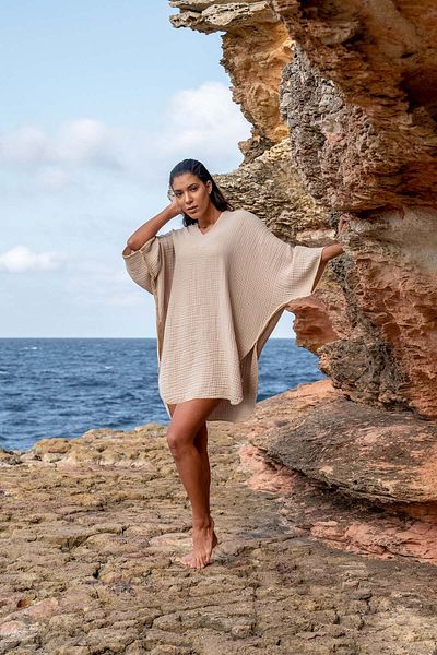 Barine Μπεζ Cocoon Cotton 4 Layer Muslin Poncho για ενήλικες