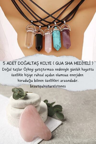 LADIN DOGALTAŞ قلادة من الحجر الطبيعي 5 قطع (مع هدية كوارتز وردي غوا شا)