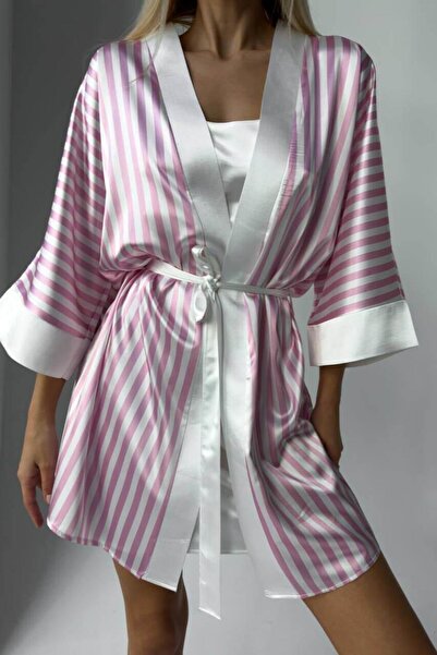 Mine Tan Butik Set cămașă de noapte cu dungi roz cu bretele subțiri