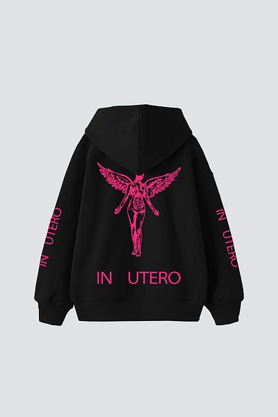 Bak Moda Nirvana in Utero Pink Printed Oversize Unisex Black Hoodie