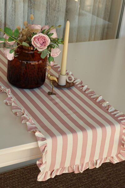 vintagetasarım Runner Pembe Çizgili Fırfırlı Duck Keten