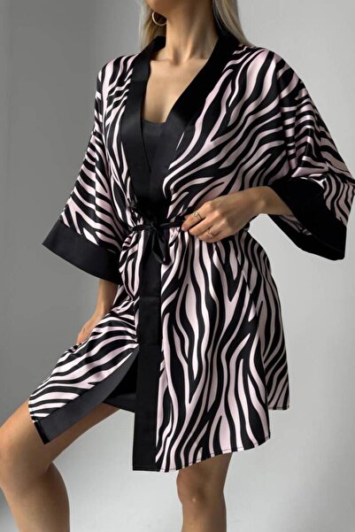 Mine Tan Butik Set cămașă de noapte cu bretele subțiri cu zebră roz